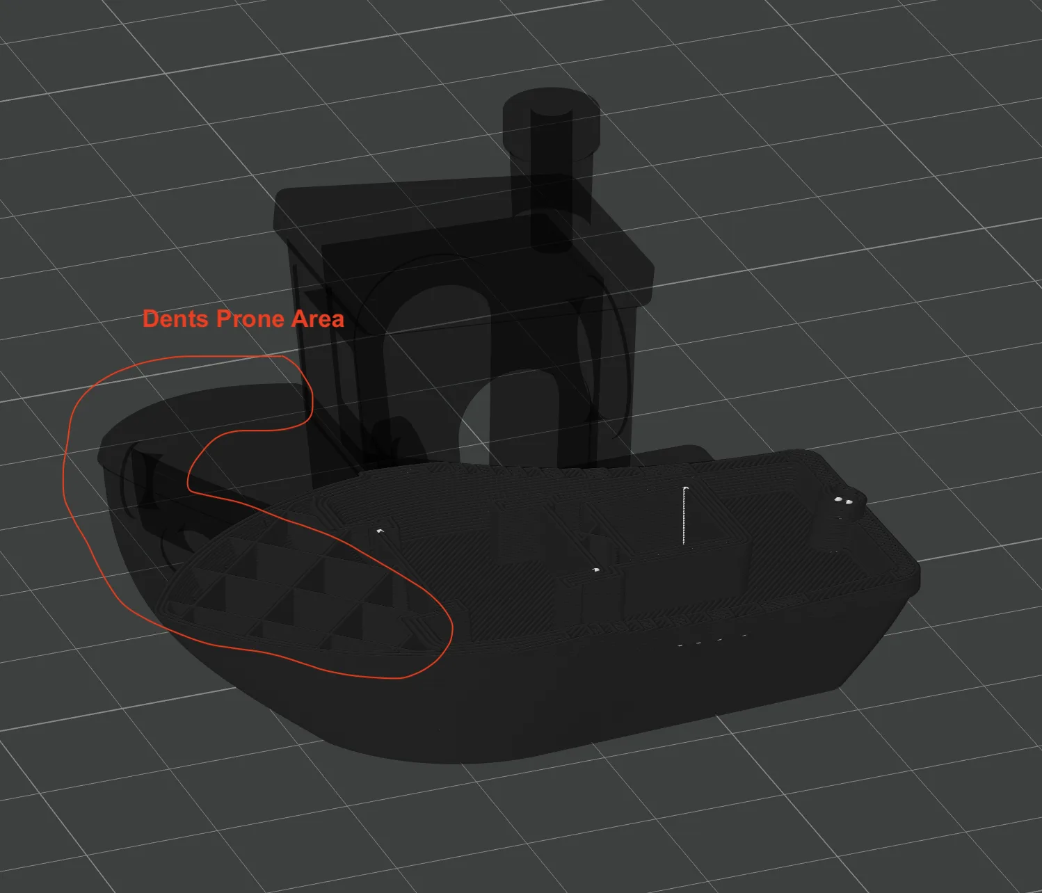 Slicer cross-section showing the bow as a structurally weak area on Benchy