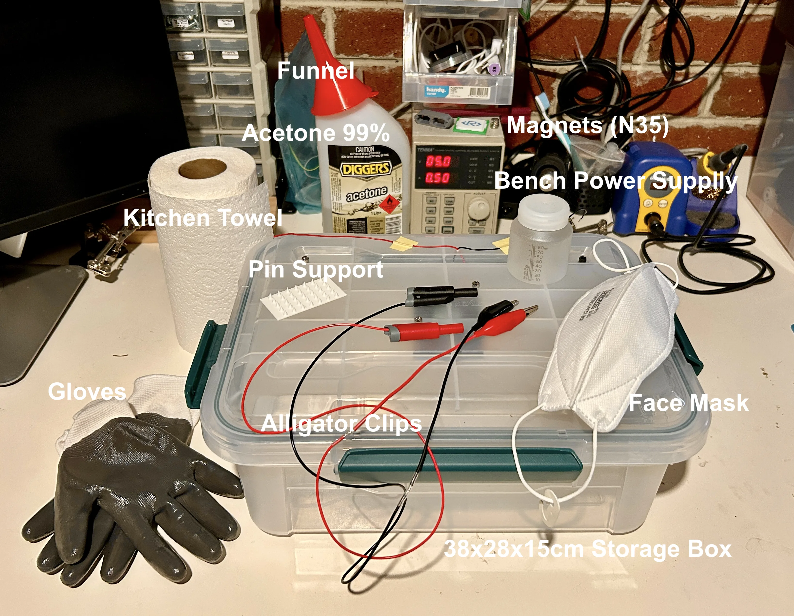 All materials for ABS vapor smoothing laid out on a bench
